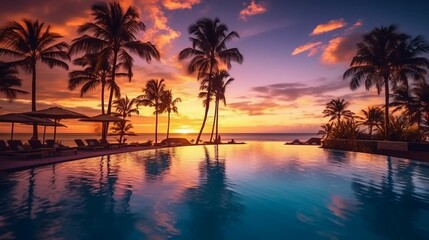 Fototapeta na wymiar Serenity by the shore: Sunset, infinity pool, tropical paradise