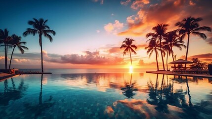 Fototapeta na wymiar Paradise found: Sunset, infinity pool, tropical haven