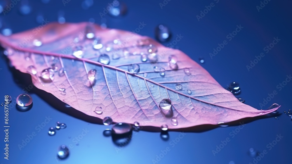 Poster the close-up of transparent skeleton leaf with water drops on beautiful texture in a blue and pink b