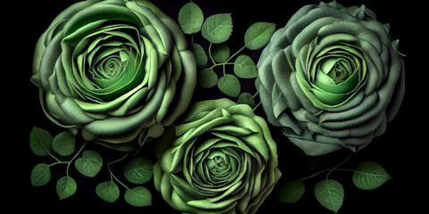 Rose flowers in green on an isolated black background. Generative AI