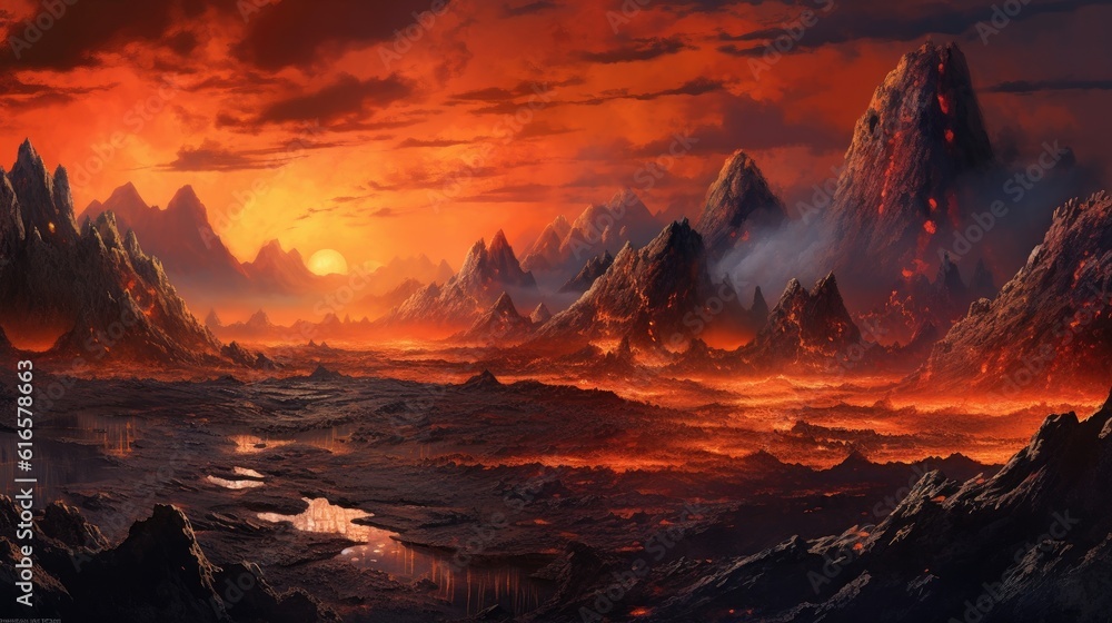 Poster fiery landscape with volcanic eruptions and lava rivers background. created with generative ai techn