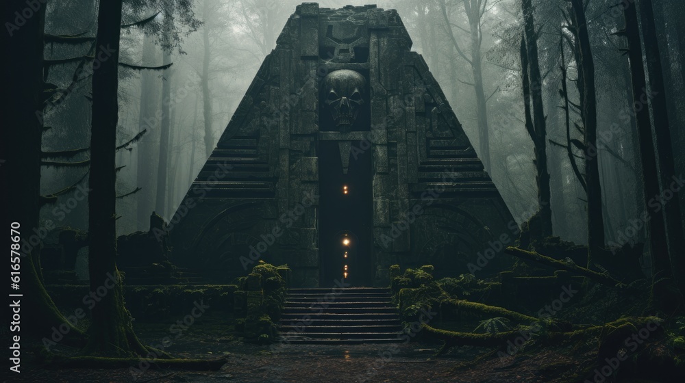 Poster foggy mysterious forest with a hidden ancient monument background. created with generative ai techno