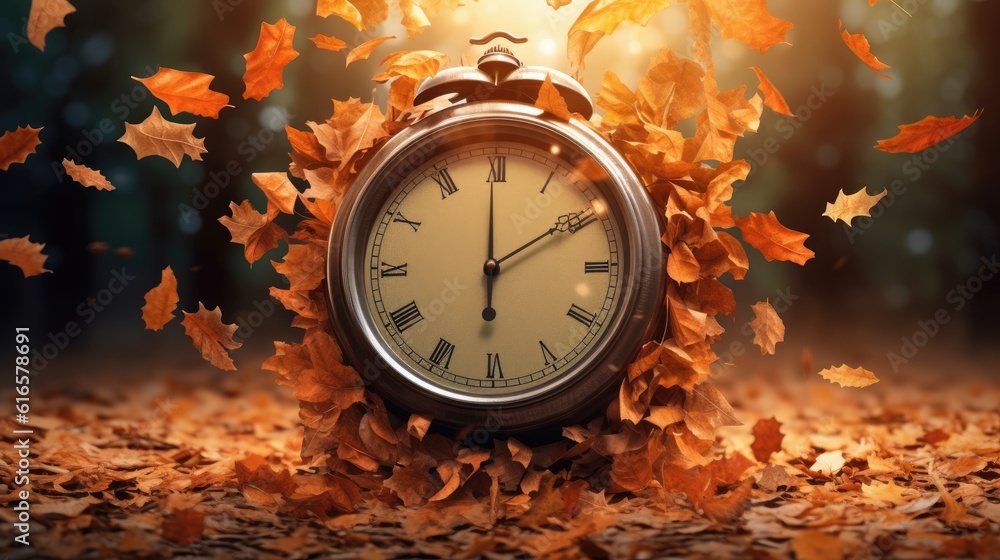 Poster leaves falling from a tree forming a clock face. created with generative ai technology