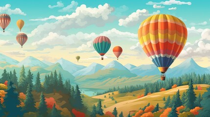 Colorful hot air balloons floating over a scenic landscape background. Created with Generative AI technology