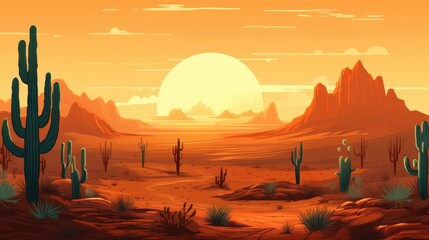 Desert landscape with sand dunes and cacti background. Created with Generative AI technology