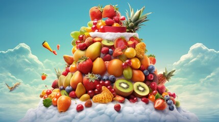 Obraz na płótnie Canvas Fruit volcano with colorful fruits and berries. Created with Generative AI technology