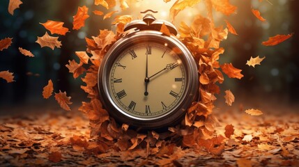 Leaves falling from a tree forming a clock face. Created with Generative AI technology - obrazy, fototapety, plakaty