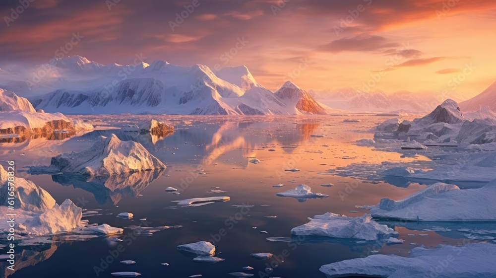 Poster rctic landscape with icebergs and snow covered mountains background. created with generative ai tech