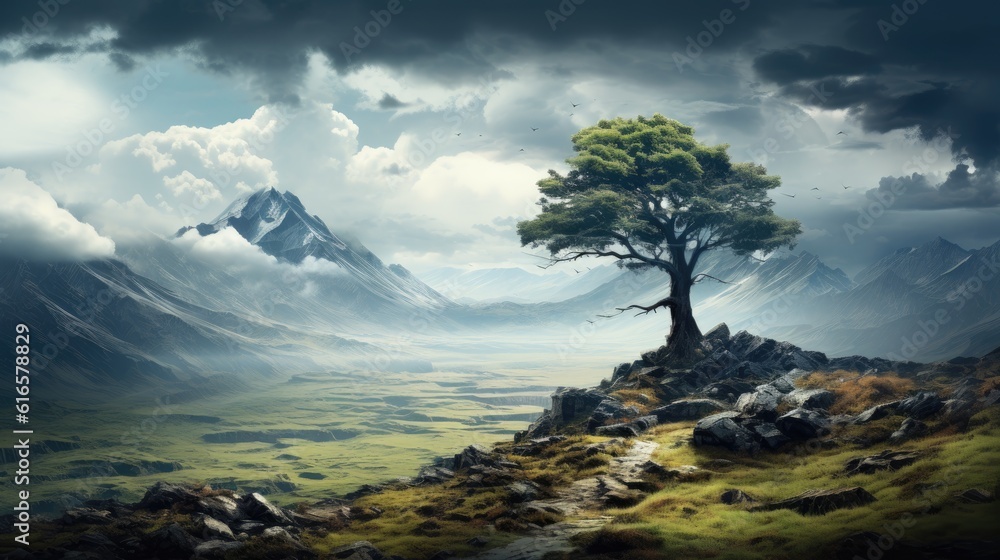Poster rugged windswept mountain range with a single solitary tree background. created with generative ai t