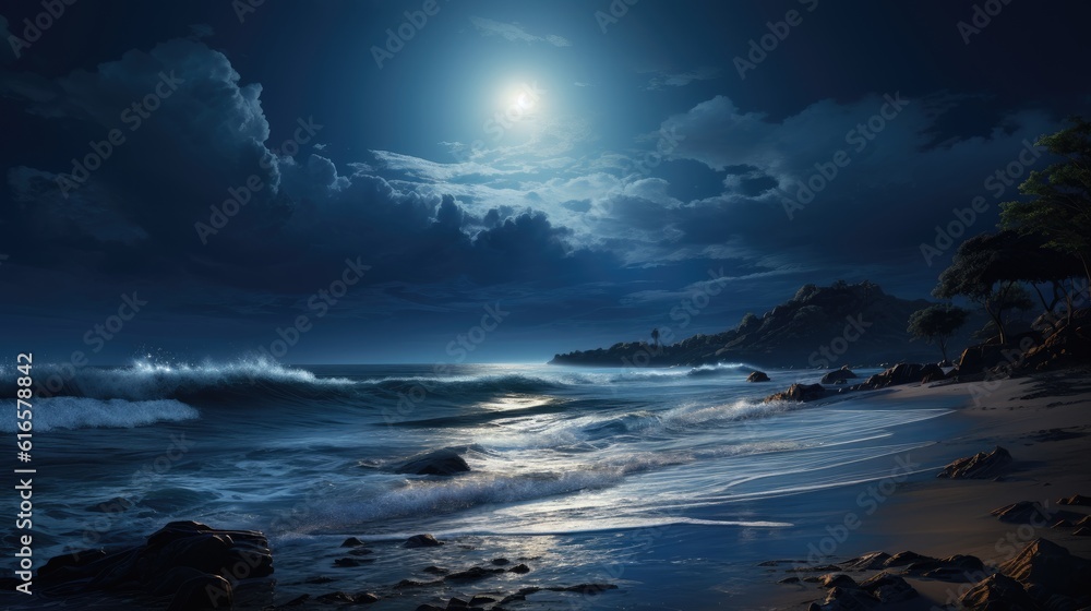 Poster serene moonlit beach with crashing waves background. created with generative ai technology