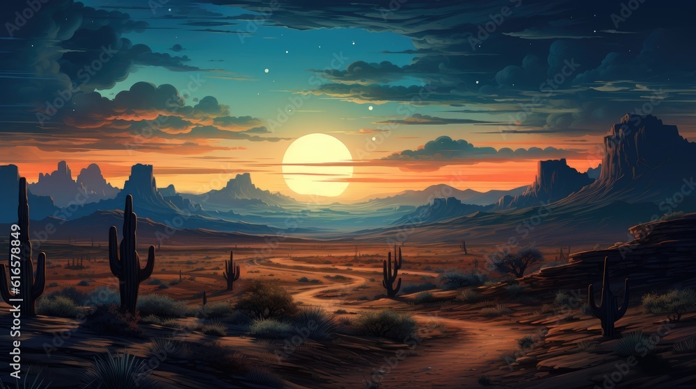 Poster serene moonlit desert landscape with cacti background. created with generative ai technology