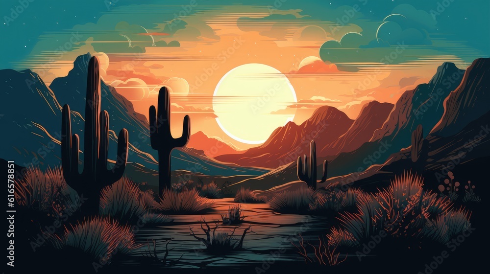 Poster serene moonlit desert with cacti silhouettes background. created with generative ai technology