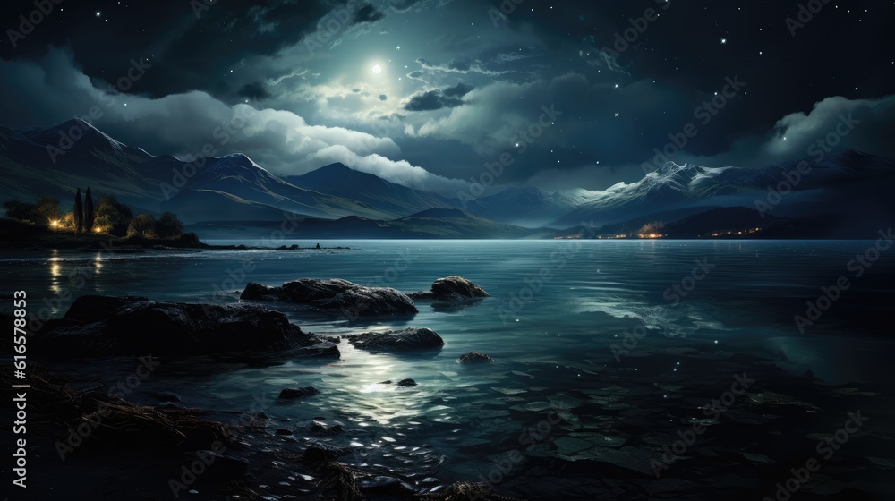 Poster serene moonlit ocean reflecting the starry sky background. created with generative ai technology