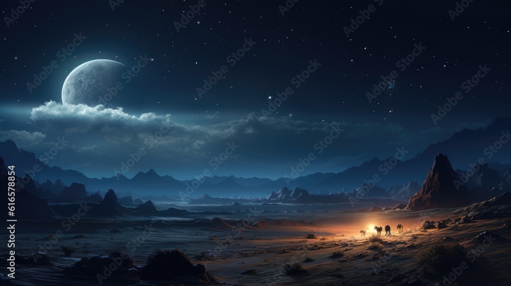 Poster serene moonlit desert landscape with a lone camel background. created with generative ai technology