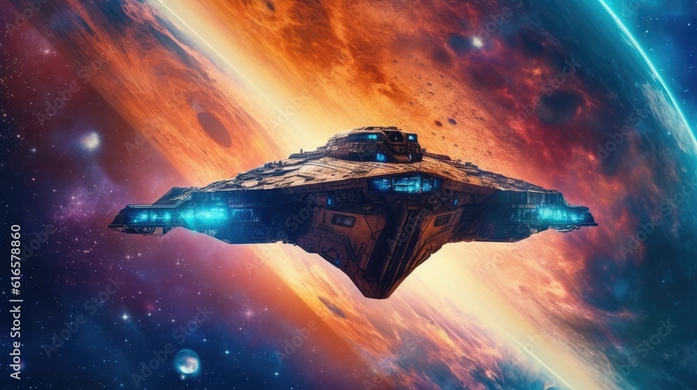 Poster spaceship flying through a colorful nebula background. created with generative ai technology