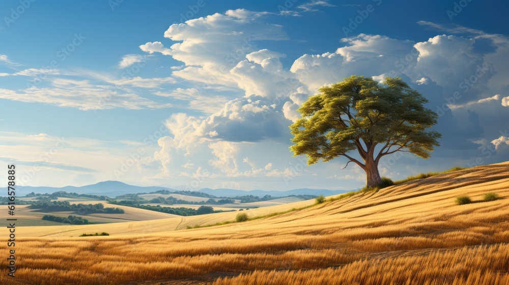 Poster sunlit wheat field with a single solitary tree background. created with generative ai technology