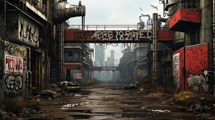 Post apocalyptic urban wasteland with graffiti covered walls background. Created with Generative AI technology
