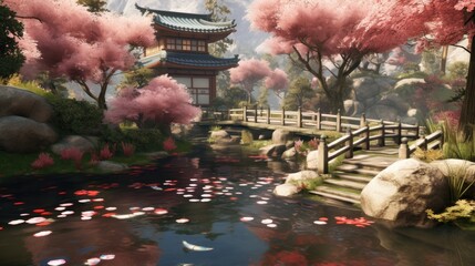 Serene japanese garden with a koi pond and cherry blossoms background. Created with Generative AI technology
