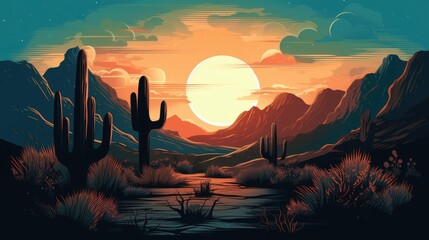 Serene moonlit desert with cacti silhouettes background. Created with Generative AI technology