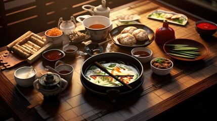 Sian table with various dishes and chopsticks. Created with Generative AI technology