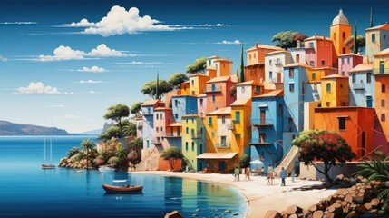 Sunlit seaside village with colorful buildings background. Created with Generative AI technology