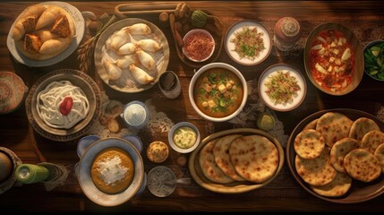 Table with various types of georgian dishes including khachapuri khinkali and badrijani. Created with Generative AI technology - obrazy, fototapety, plakaty