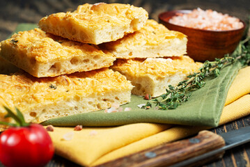 slices of fresh italian focaccho close-up.