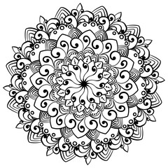 swirl mandala coloring page, outline patterned round shape with ornate petals