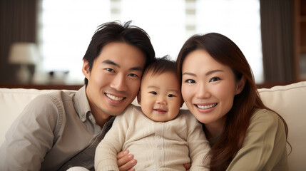 Obraz premium happy family mom, dad and kid on the couch together in Livingroom, Generative AI