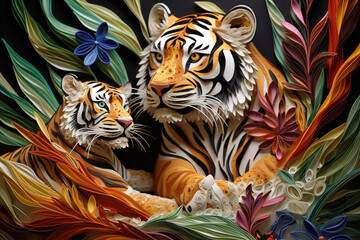 Image of tiger family in style paper quilling art beautiful colors type low relief. Wildlife Animals. Illustration, generative AI.
