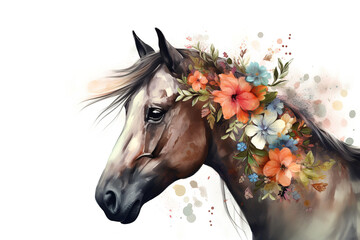 Image of a horse head surrounded by colorful tropical flowers. Wildlife Animals. Illustration, Generative AI.