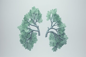Lungs made from leaves on a clean background. Creative concept. Illustration, Generative AI.