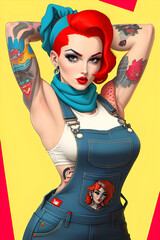 retro pop art woman with red ed hair and traditional American tattoos.. She is wearing blue jean overalls. (AI-generated fictional illustration)

