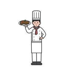 料理を片手に持つ男性シェフの全身イラスト