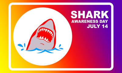 illustration of a red shark head coming out of the water and bold text and a box frame with an abstract background commemorating SHARK AWARENESS DAY july 14
