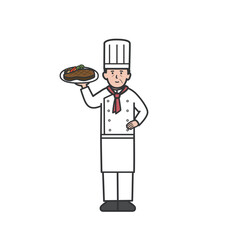 料理を片手に持つベテラン男性シェフの全身イラスト
