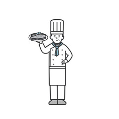 料理を片手に持つベテラン男性シェフの全身イラスト
