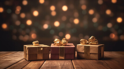 Christmas Present with Gold Ribbon and Gold Christmas Decorations. Rustic Background. Christmas background. Generative Ai