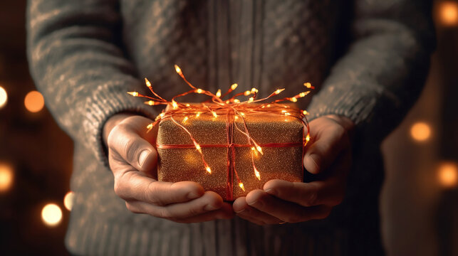 Christmas gift in man hands holiday wallpaper poster concept picture with white wall background and garland illumination lamps. Generative Ai