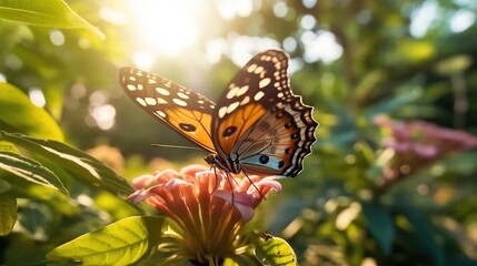 Fototapeta na wymiar colorful butterfly on the yellow flower at sunny morning 