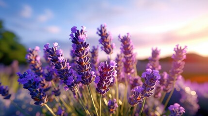 Fototapeta premium garden full of lavender flowers at a sunny day and deep blue sky at the background, sunny day at the background, summer spring morning blue sky Sunlit field of lotus panoramic landscape background