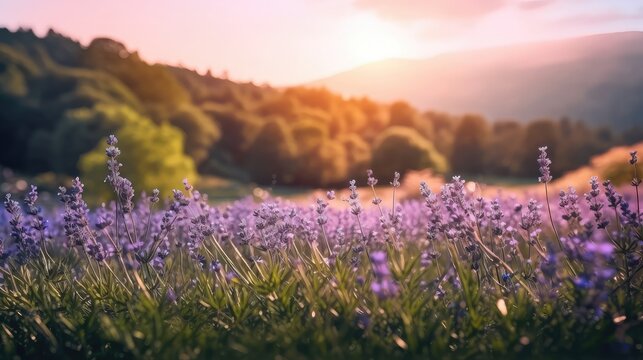fields of lavender flowers at a sunny day and forest at the background, beautiful sunny day at the background,summer spring morning blue sky Sunlit field panoramic landscape background