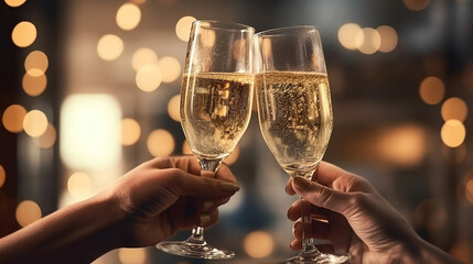 people holding glasses of champagne making a toast. Champage with blurred background. Generative Ai