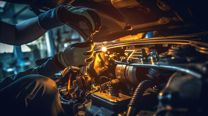 Obraz na płótnie Canvas Close Up Shot of a Professional Mechanic Working on Vehicle in Car Service. Generative Ai