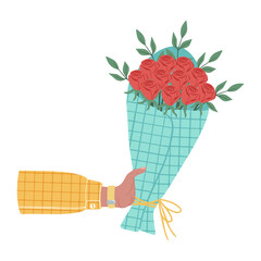 Bouquet of flowers in hands. Illustration of hand holding flowers. Design element for greeting card, invitation, print, sticker. Illustration for birthday, mother's day, valentine's and woman's day.