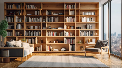 Wooden bookcase in interior of modern living room. Generative Ai