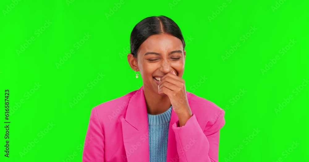 Sticker Green screen, laughing woman and smile of face for humor, emoji reaction or comedy of meme. Happy portrait, indian female model and laughter of good mood, cheerful personality or funny joke in studio