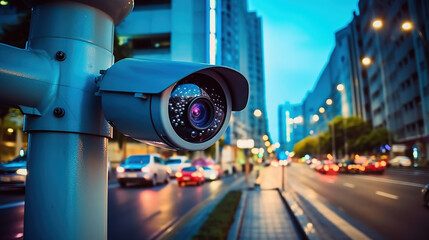 CCTV Security Camera or surveillance operating on traffic road and urban scene. Generative Ai