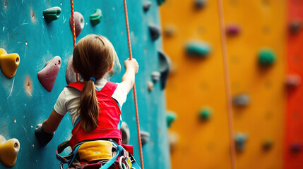Little Girl Climbing Rock Wall. Generative Ai - obrazy, fototapety, plakaty
