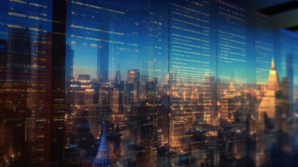 Display of Stock market quotes with city scene reflect on glass. Generative Ai